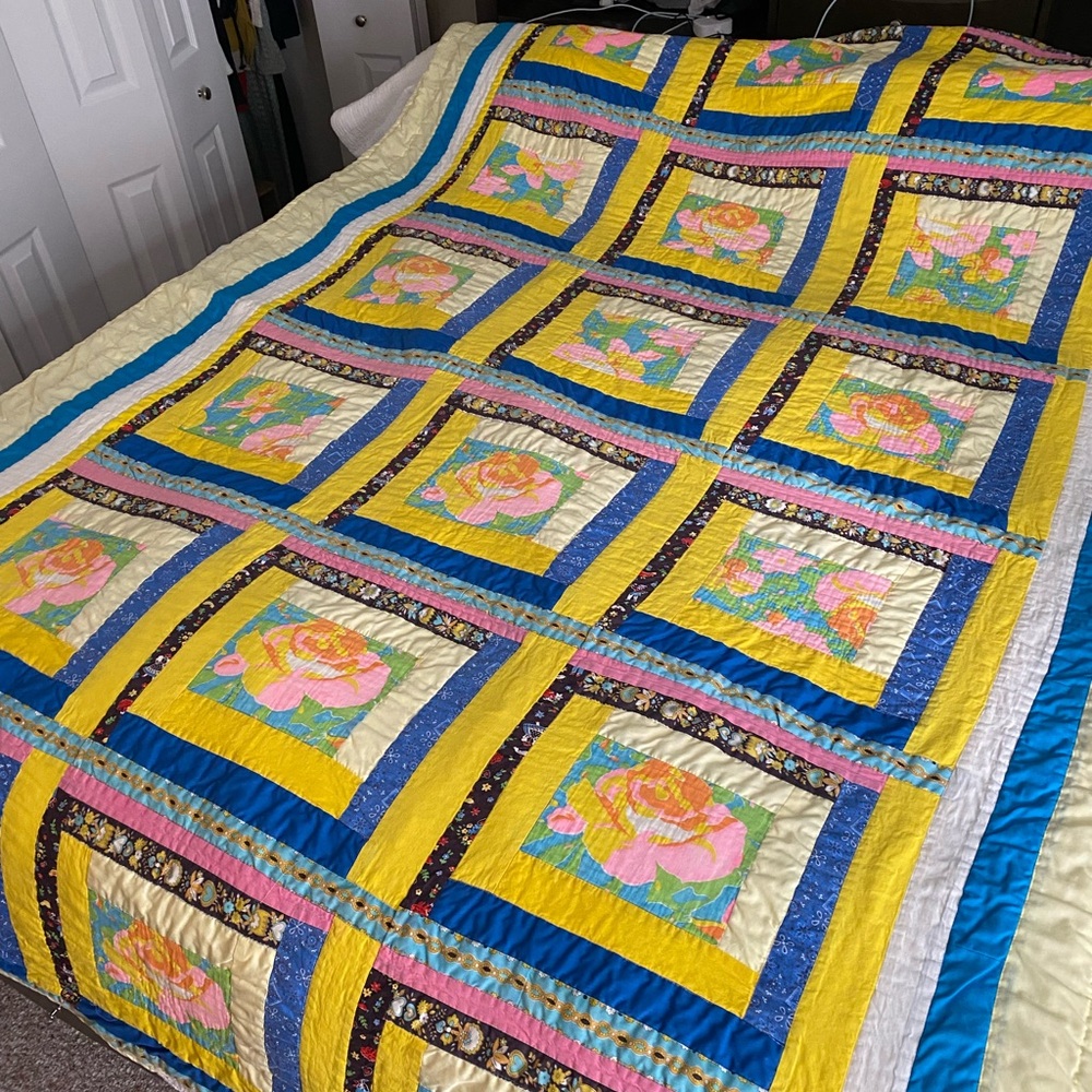 Homemade bright color block floral quilt 68X94